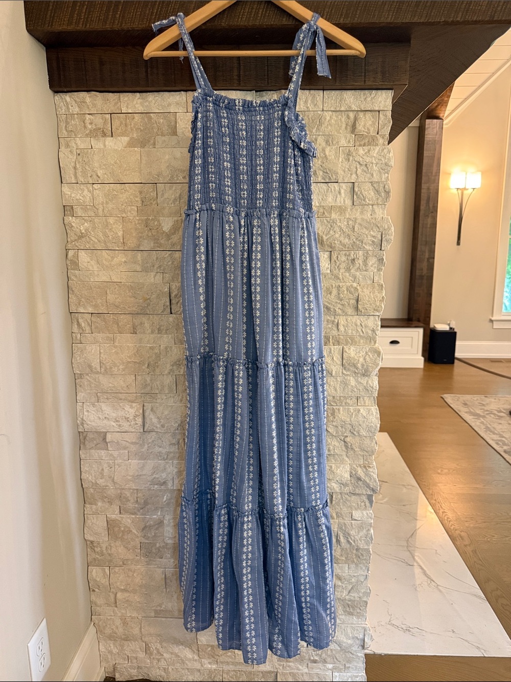 Draper James Blue Patterned Tiered Maxi Dress with Tie Straps